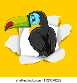 Background template design with wild toucan bird on yellow paper illustration