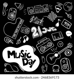 Diseño de Plantilla de fondo para el Día Mundial de la Música, que se celebra el 21 de junio en fondo negro con iconos musicales en el arte doodle.