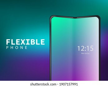 Background template of flexible phone with glowing screen and beautiful gradient backdrop. Phone with glossy flexible bending touchscreen, realistic vector illustration.