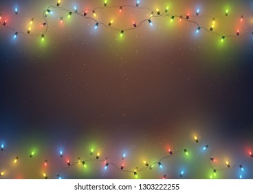Background template frame with colorful led lights garland, Christmas, New Year, holiday, vector illustration