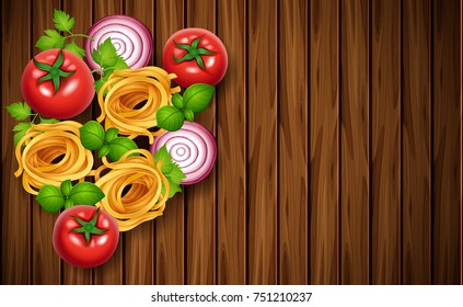 Background template with fresh vegetables and pasta illustration