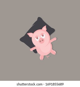 background template illustration of pork sleeping using a pillow. Cute cartoon pig.