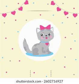Background, template, invitation for a girl's first birthday with a cat with a pink bow, confetti and a heart