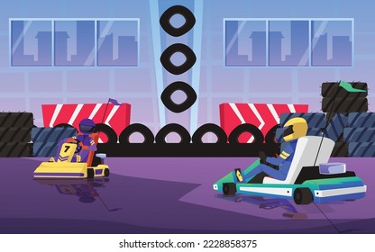 Background template with kart cars competing on speed track, flat vector illustration. Covered speed track for speed racing or recreation extreme activity.