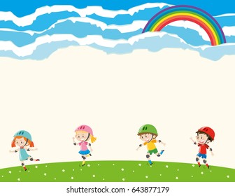 Background template with kids rollerskating illustration