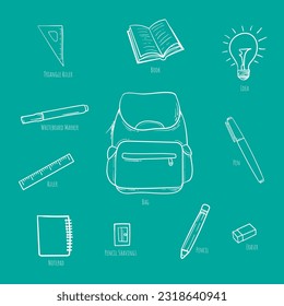 Background template with Line art of stationery for student design
