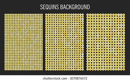 La plantilla de fondo hizo secuencias de oro, brillo, chispas, pastillas. Afiche de lujo vectorial con secuencias brillantes, puntos de degradado de brillo. Mosaico circular brillante de fondo para discoteca festiva