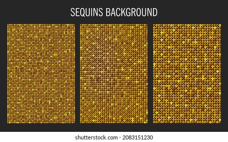 Background template made gold sequins, glitters, sparkles, paillettes. Vector luxury poster with sparkling sequins, glitter gradient dots. Background bright circle mosaic for festive holiday disco