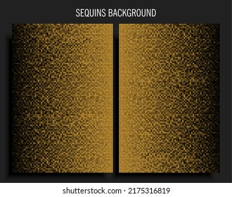 Background template made gold sequins, glitters, sparkles, paillettes. Vector luxury poster with sparkling sequins, glitter gradient dots. Background bright circle mosaic for festive holiday disco