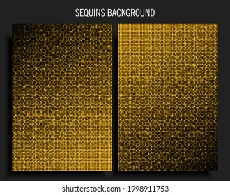 Plantilla de fondo hecha de lentejuelas doradas, brillo, chispas, papillette. Afiche de lujo vectorial con secuencias brillantes doradas, puntos de degradado brillante. Fondo de mosaico de círculo brillante discoteca festiva