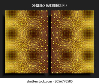 Hintergrundvorlage gemacht goldene Sequins, Glitter, Funkeln, Pailletten. Vektor Luxus-Poster mit funkelnden Sequenzen, glitzernden Farbtupfern. Hintergrund-Mosaik mit hellem Kreis für Festtagskarte