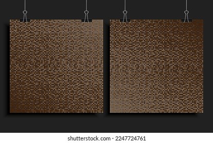 Background template made golden sequins, glitters, sparkles and paillettes. Vector luxury poster with sparkling sequins, glitter gradient dots. Background bright circle mosaic for festive disco