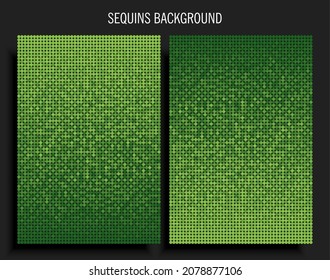 Plantilla de fondo hecha con secuencias verdes, brillo, chispas, pastillas. Afiche de lujo vectorial con secuencias brillantes, puntos de degradado de brillo. Mosaico circular brillante de fondo para discoteca festiva