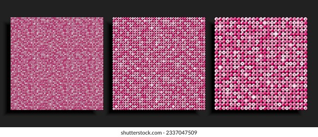 Plantilla de fondo hecha de secuencias rosadas, brillo, chispas y pastillas. Afiche de lujo vectorial con secuencias brillantes, puntos de degradado de brillo. Mosaico circular brillante de fondo para discoteca festiva