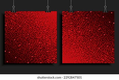 Background template made red sequins, glitters, sparkles and paillettes. Vector luxury poster with sparkling sequins, glitter gradient dots. Background bright circle mosaic for festive disco