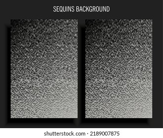 Background template made silver sequins, glitters, sparkles, paillettes. Vector luxury poster with sparkling sequins, glitter gradient dots. Background bright circle mosaic for festive holiday disco
