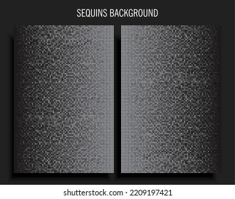 Background template made silver sequins, glitters, sparkles, paillettes. Vector luxury poster with sparkling sequins, glitter gradient dots. Background bright circle mosaic for festive holiday disco