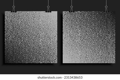 Background template made silver sequins, glitters, sparkles and paillettes. Vector luxury poster with sparkling sequins, glitter gradient dots. Background bright circle mosaic for festive disco