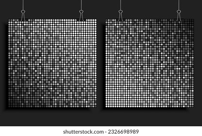 Background template made silver sequins, glitters, sparkles and paillettes. Vector luxury poster with sparkling sequins, glitter gradient dots. Background bright circle mosaic for festive disco