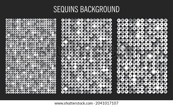 Background template made silver sequins, glitters,\
sparkles, paillettes. Vector luxury poster with sparkling sequins,\
glitter gradient dots. Background bright circle mosaic for festive\
holiday disco