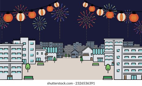 Plantilla de fondo del cielo nocturno y el paisaje urbano decorado con fuegos artificiales y faroles