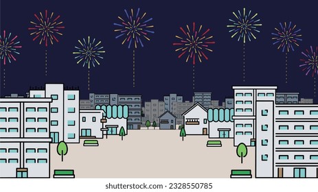 Plantilla de fondo del cielo nocturno y paisaje urbano decorado con fuegos artificiales