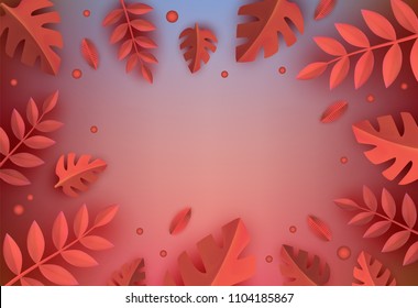 Background Template With Papercut Autumn Red Dry Leaves Frame And Text Space. Origami Paper Natural Forest Objects, Oak Maple Leaf For Seasonal Decoration Design. Vector Illustration