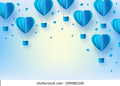 Background template with papercut blue air balloons. Modern origami paper flying objects and space for text. Vector backdrop, wallpaper illustration