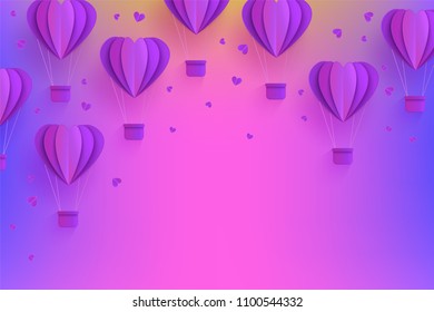 Background template with papercut purple air balloons. Modern origami paper flying objects and space for text. Vector backdrop, wallpaper illustration