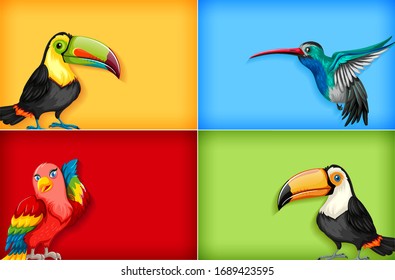 Plantilla de fondo con color liso e ilustración de muchas aves