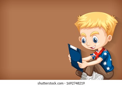 Background template with plain color wall and happy boy illustration