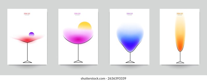 Plantilla de fondo para póster, tarjeta o menú con cócteles de bebidas en estilo minimalista. Composición artística creativa con degradado borroso y Elementos de línea simples. Ilustración vectorial vívida.