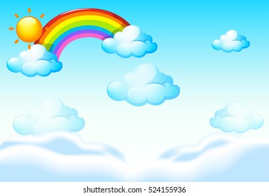 Plantilla de fondo con arcoiris e ilustración de nubes