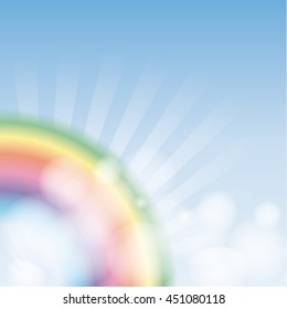background template with a rainbow, clouds and rays in front of a blue sky