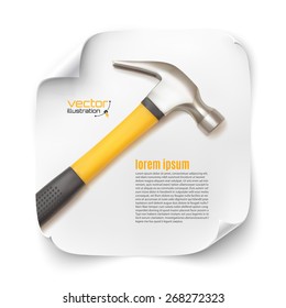 Background template with realistic hammer icon, on curved paper banner. Vector illustration