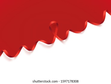 Background template with realistic red ribbon. Poster with symbol for world aids day, 1 december and cancer day 4 february, vector illustration.