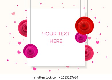 Background template with roses and place for your text. Cute background design with hearts and roses in colorful style. Template for banner, cards or poster. Vector illustration for Valentine’s Day.