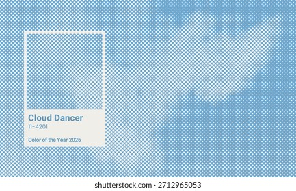 Fundo, modelo, amostra com cor do ano Cloud Dancer 2026 com inscrição e número em placa quadrada no céu azul pontilhado. Ilustração vetorial EPS10