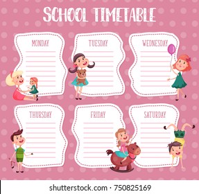 Background template for school timetable. Boy with catapult and girls with balloon and doll, teddy bear at school diary. Lesson information for pupils or students. Time plan and study, organizer theme