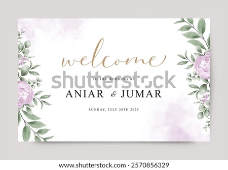 Background template set with purple rose flowers green leaves for cover, banner, invitation card, etc.