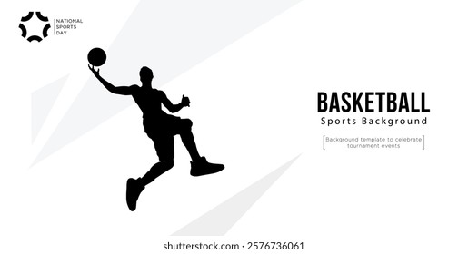 Background template for sports tournament celebration event featuring silhouettes of basketball players. basketball athlete silhouette. National Sports Day