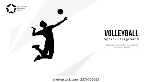 Background template for sports tournament celebration event featuring silhouettes of volleyball players. volleyball athlete silhouette. National Sport Day