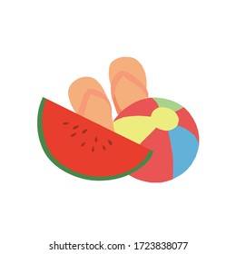 Background template. Summer in a circular white frame with a watermelon, colored balls and beach slippers. Summer vacation and relaxation. Vector illustration.