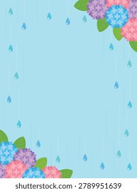 A background template themed around the summer rainy season. A frame illustration featuring hydrangea flowers and raindrops, suitable for seasonal marketing, greeting cards, events, and more.