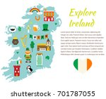 Background template with tourist map of Ireland with landmarks, symbols and text.