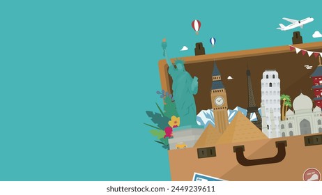 Background template for a travel support campaign with a trunk case decorated with world heritage sites from different countries (blue)