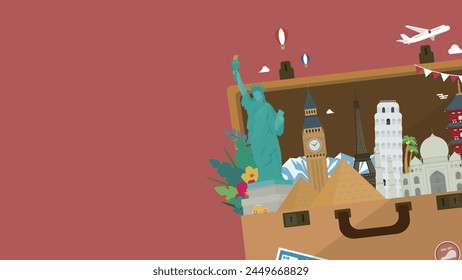 Background template for a travel support campaign with a trunk case decorated with world heritage sites from different countries (red)