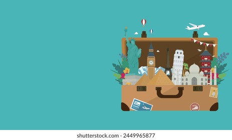 Background template for a travel support campaign with a trunk case decorated with world heritage sites from different countries (blue)