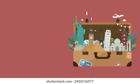 Background template for a travel support campaign with a trunk case decorated with world heritage sites from different countries (red)