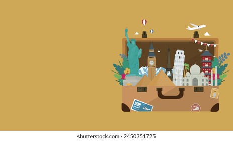 Background template for a travel support campaign with a trunk case decorated with world heritage sites from different countries (yellow)